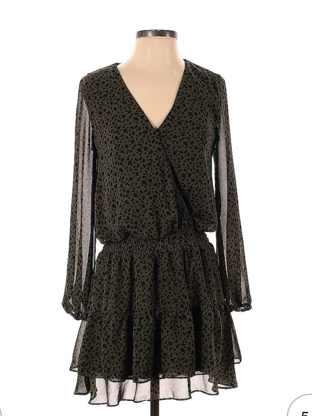 Olive Green Long-Sleeve V-Neck Tiered Mini Dress